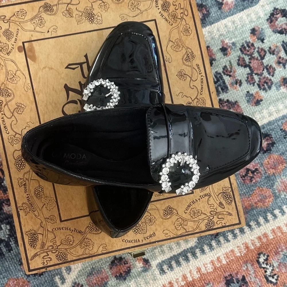 Top Moda Women’s Black Patent Crystal-Embellished Women's Loafers Size 7.5